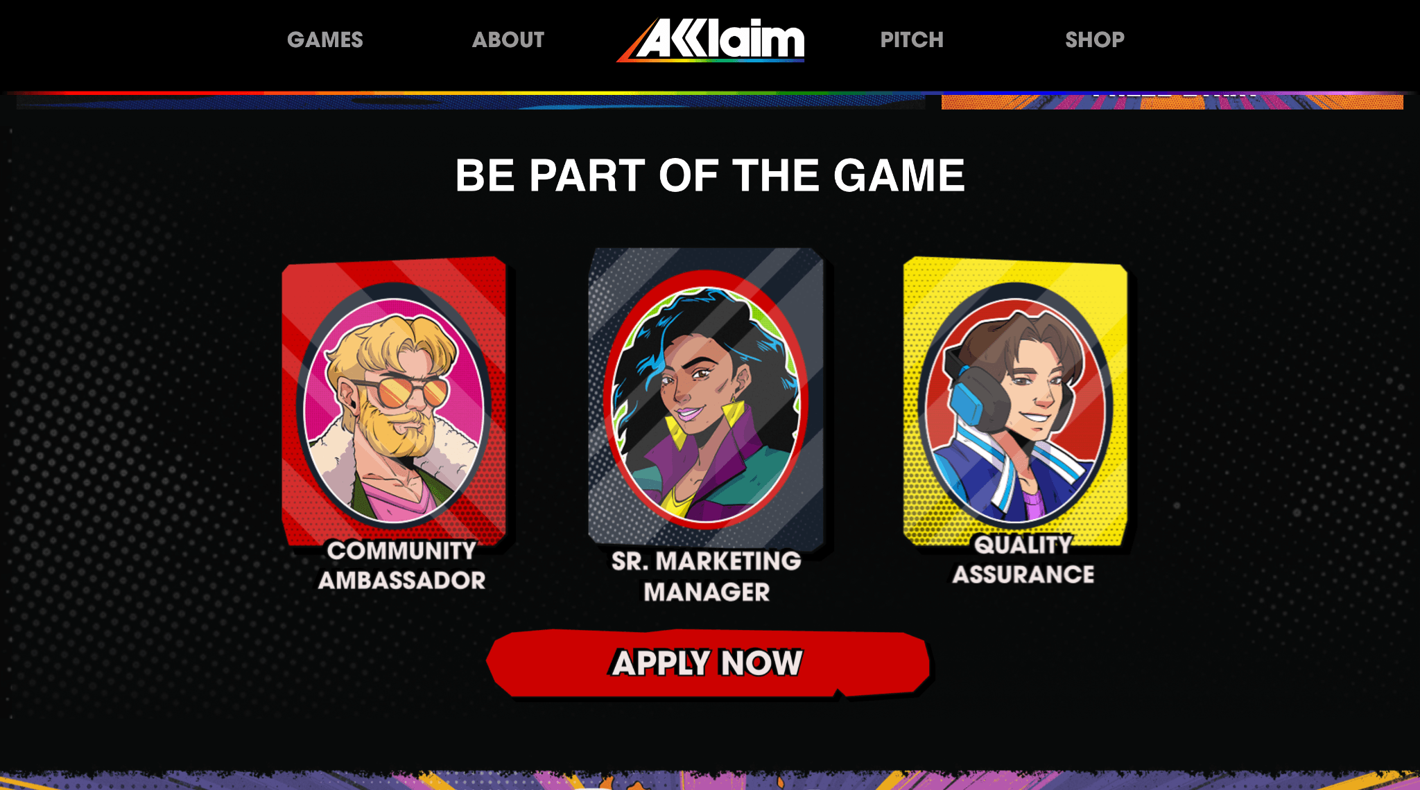 Be Part of the Game careers section with Community Ambassador, Sr. Marketing Manager, and Quality Assurance roles