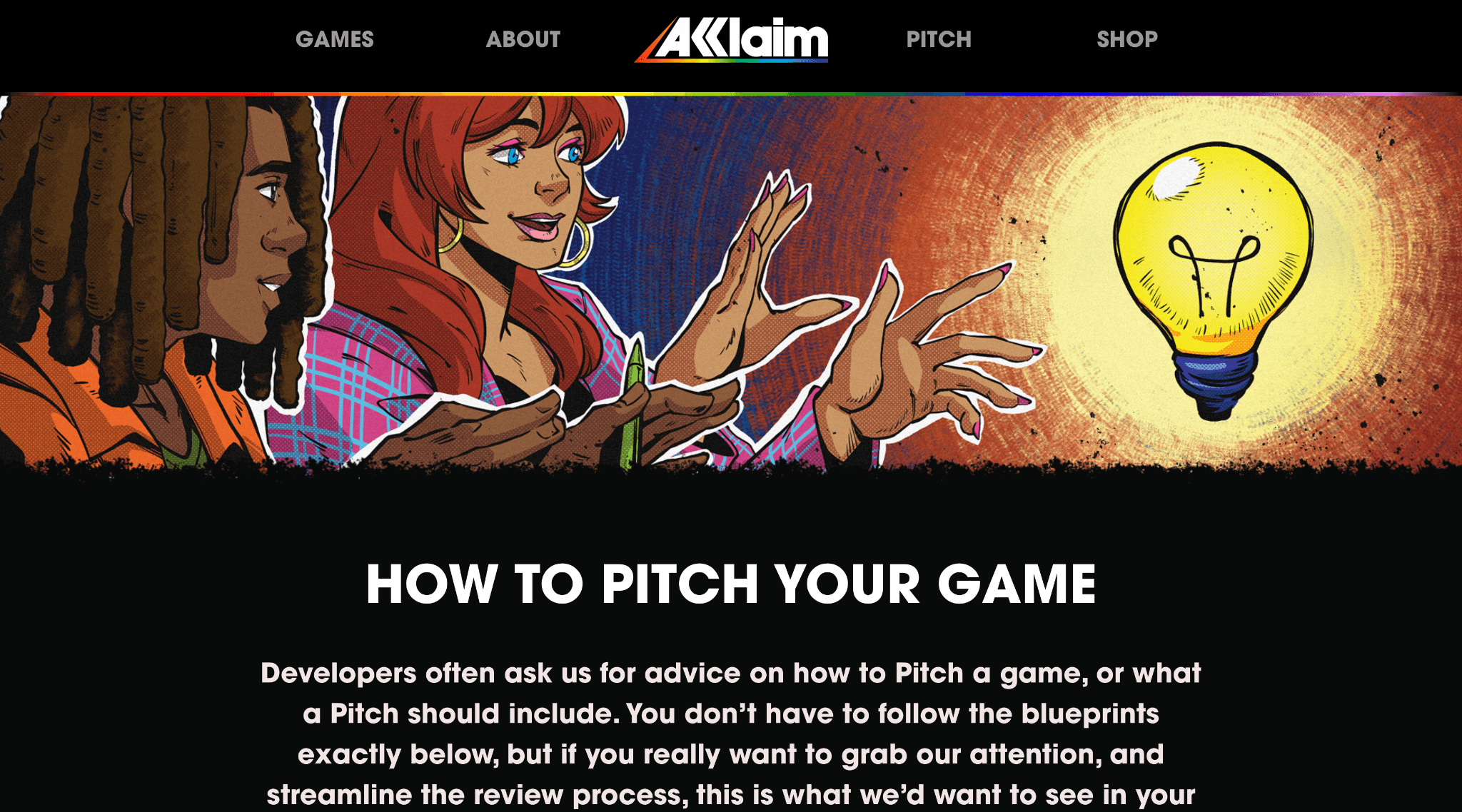 How to Pitch Your Game section with illustrated characters and guidance for developers
