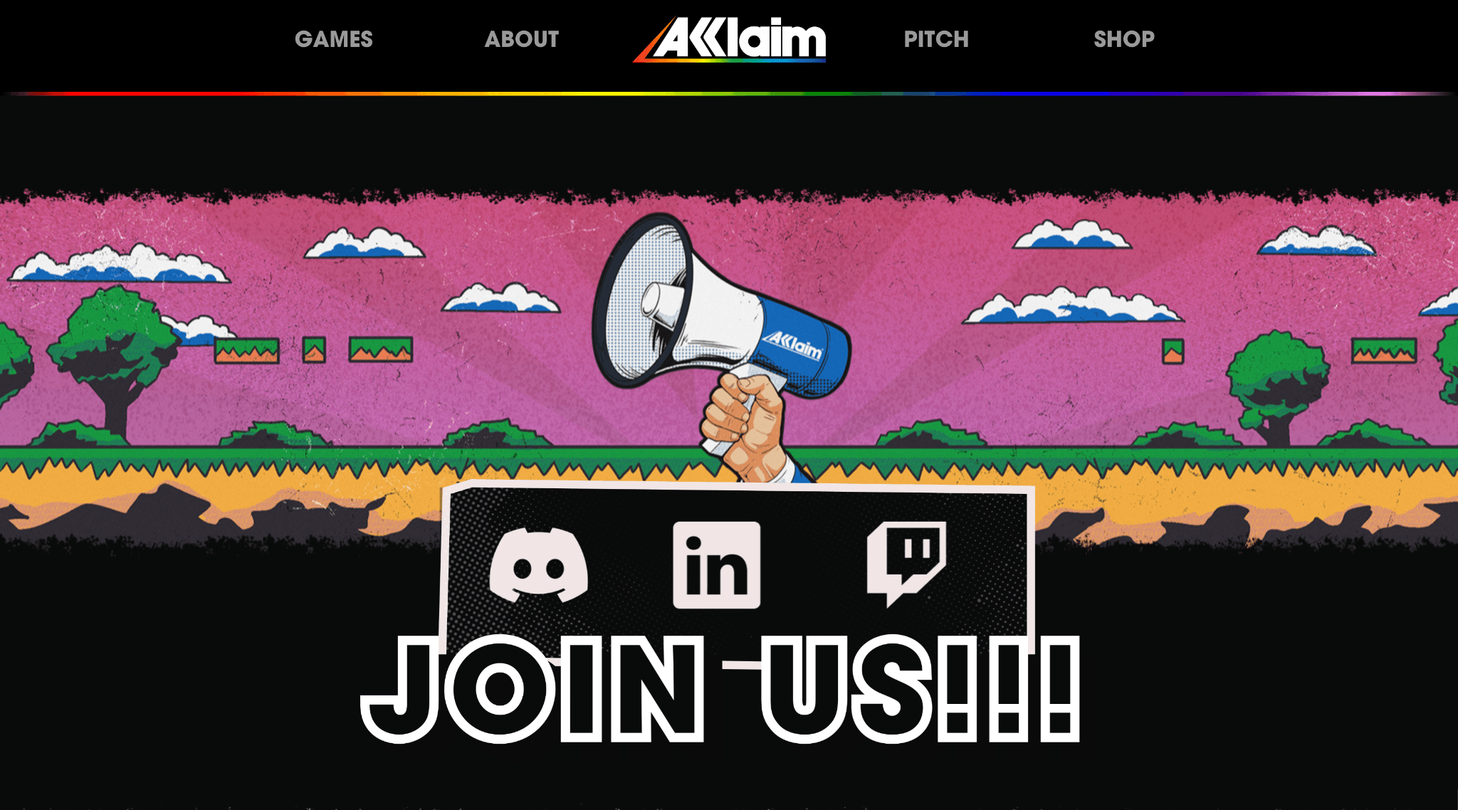 Join Us section with Discord, LinkedIn, and Twitch icons over a retro platformer scene