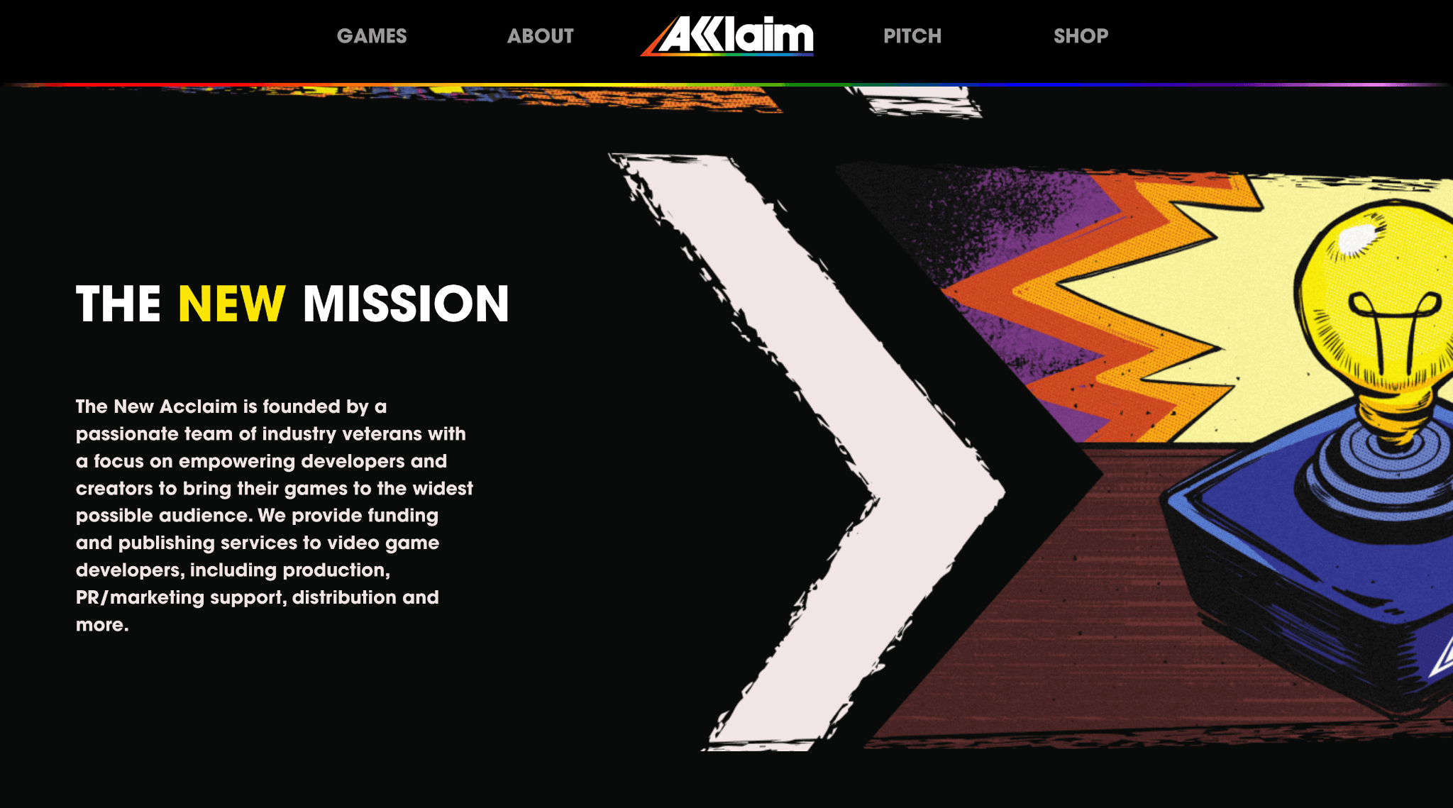The New Mission section, describing Acclaim's focus on empowering developers and creators
