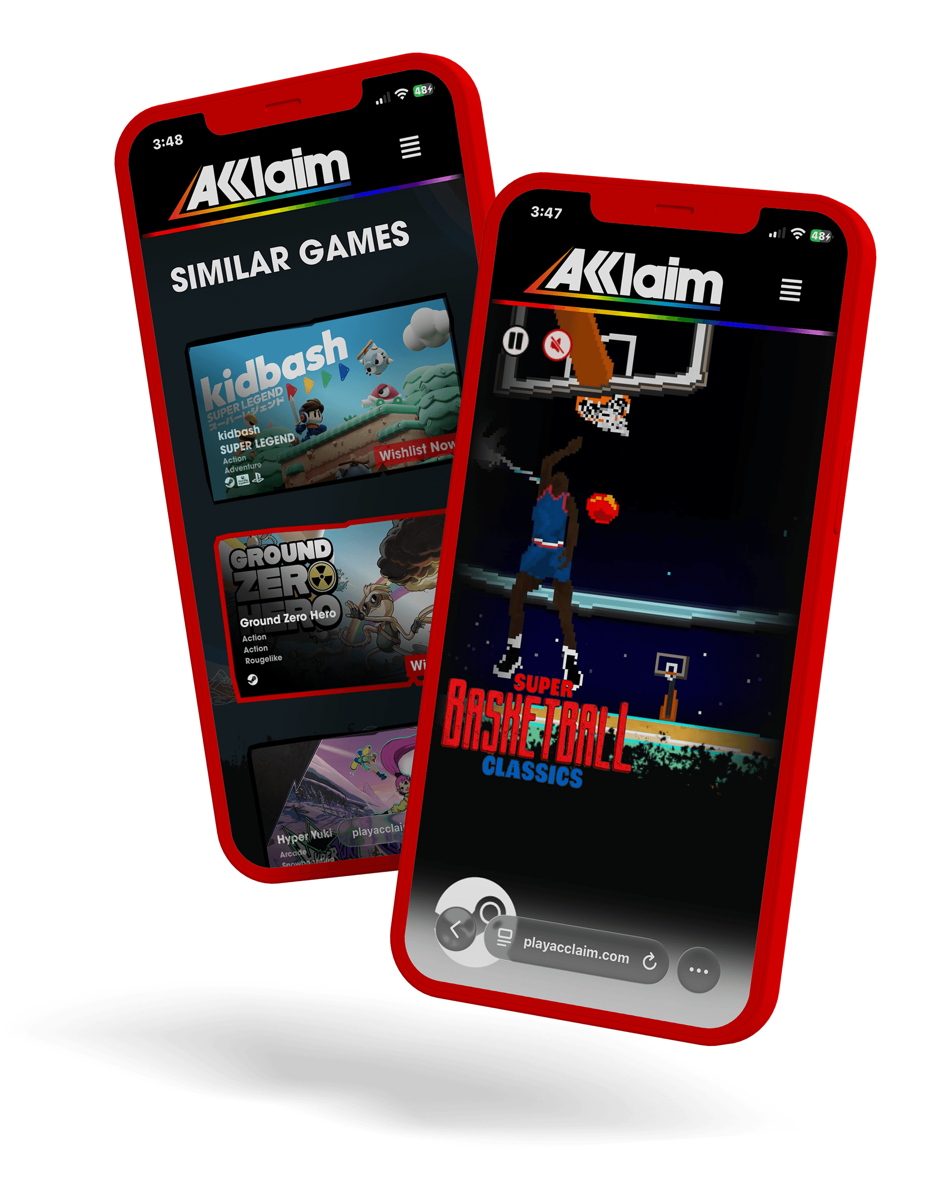 Mobile mockups showing the similar games list and a game detail page with the wishlist CTA