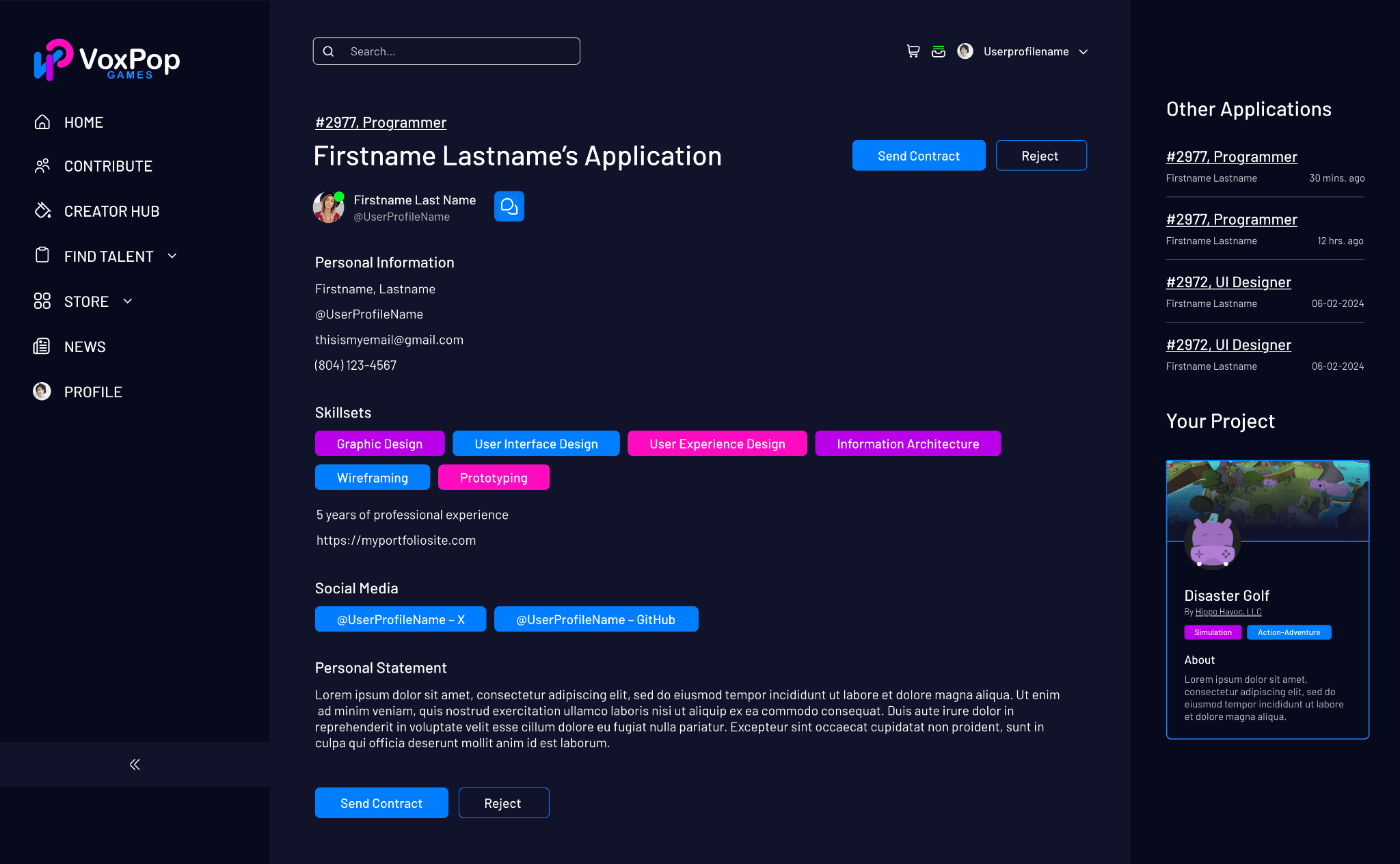 Applicant detail page with skillsets, portfolio links, and contract actions
