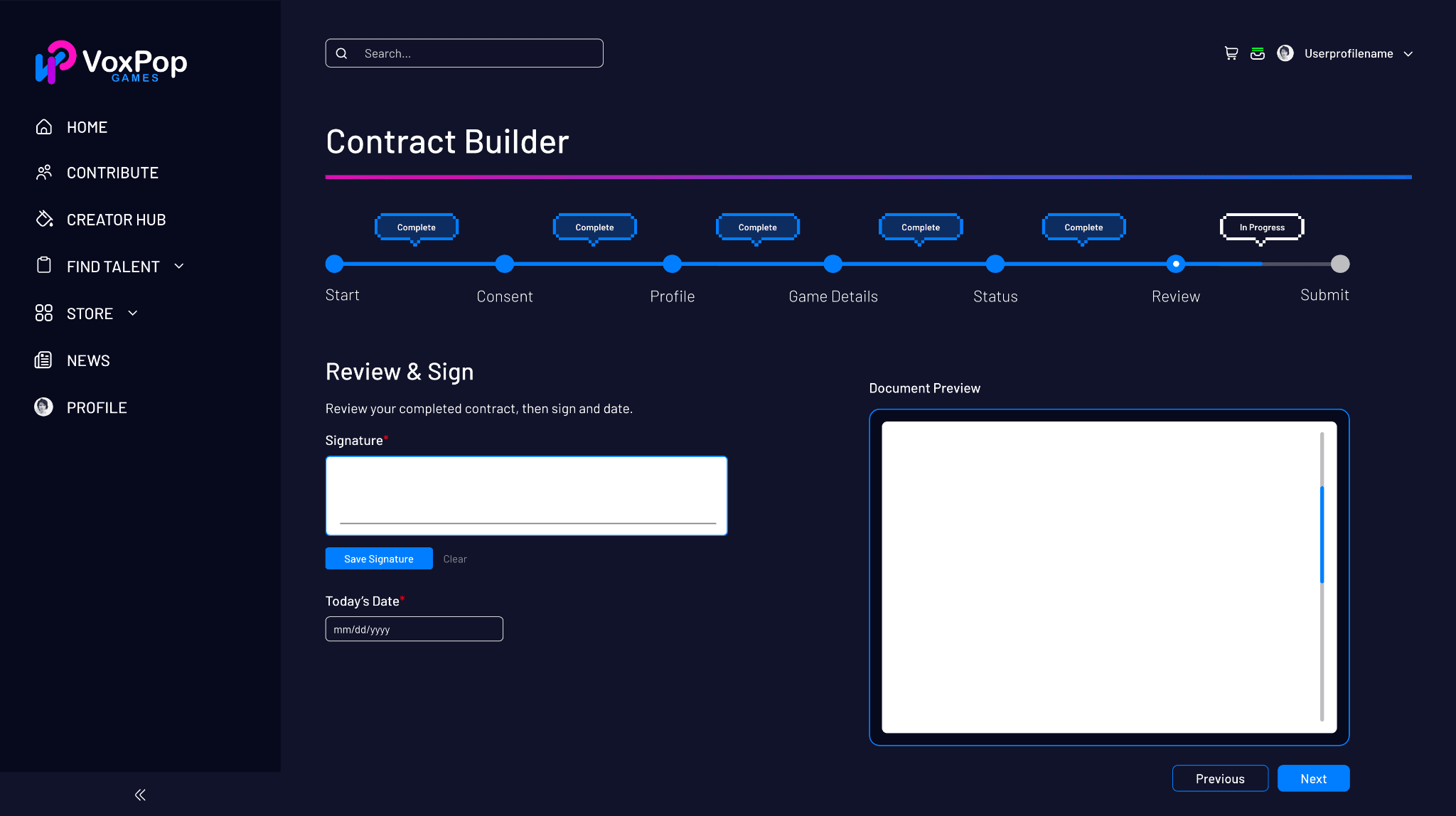 Contract builder review and sign step with document preview