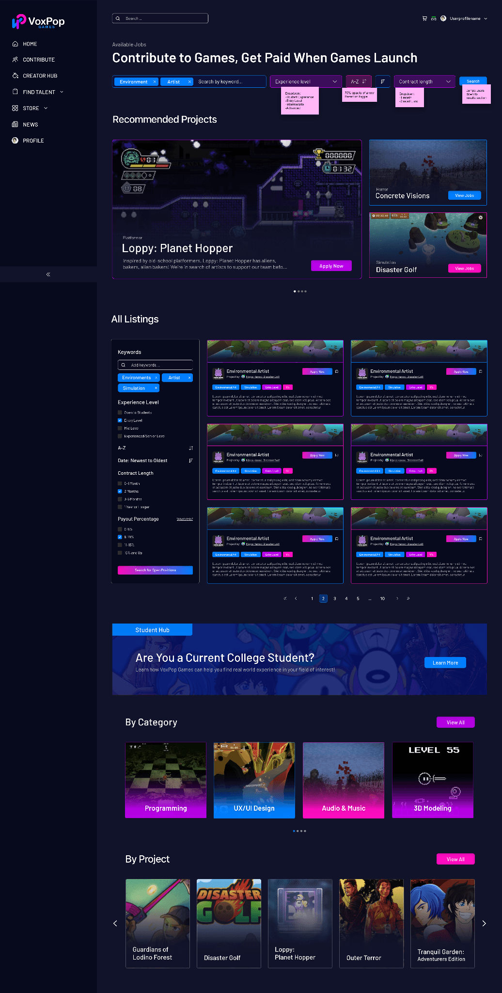 Contribute landing page with recommended projects and discipline browsing