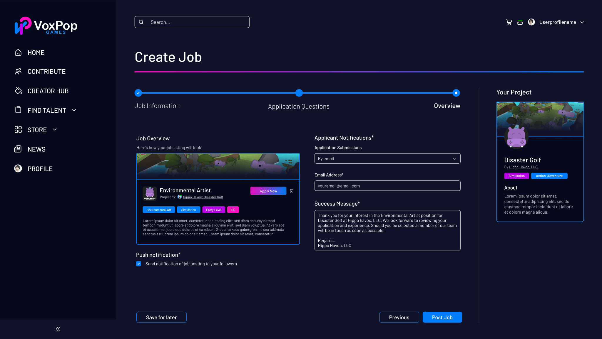 Create Job flow with application questions and job preview