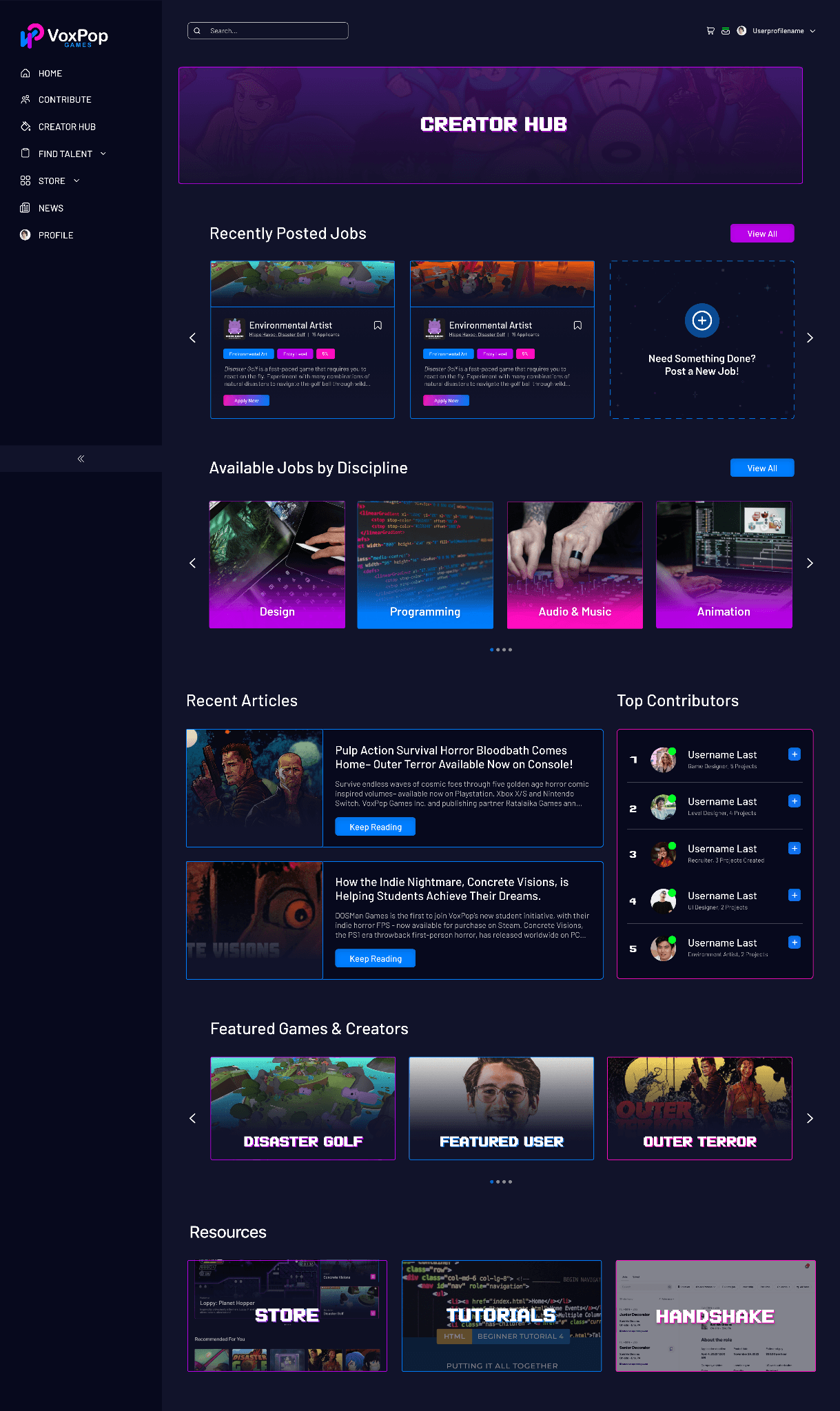 Creator Hub with recently posted jobs, articles, and top contributors