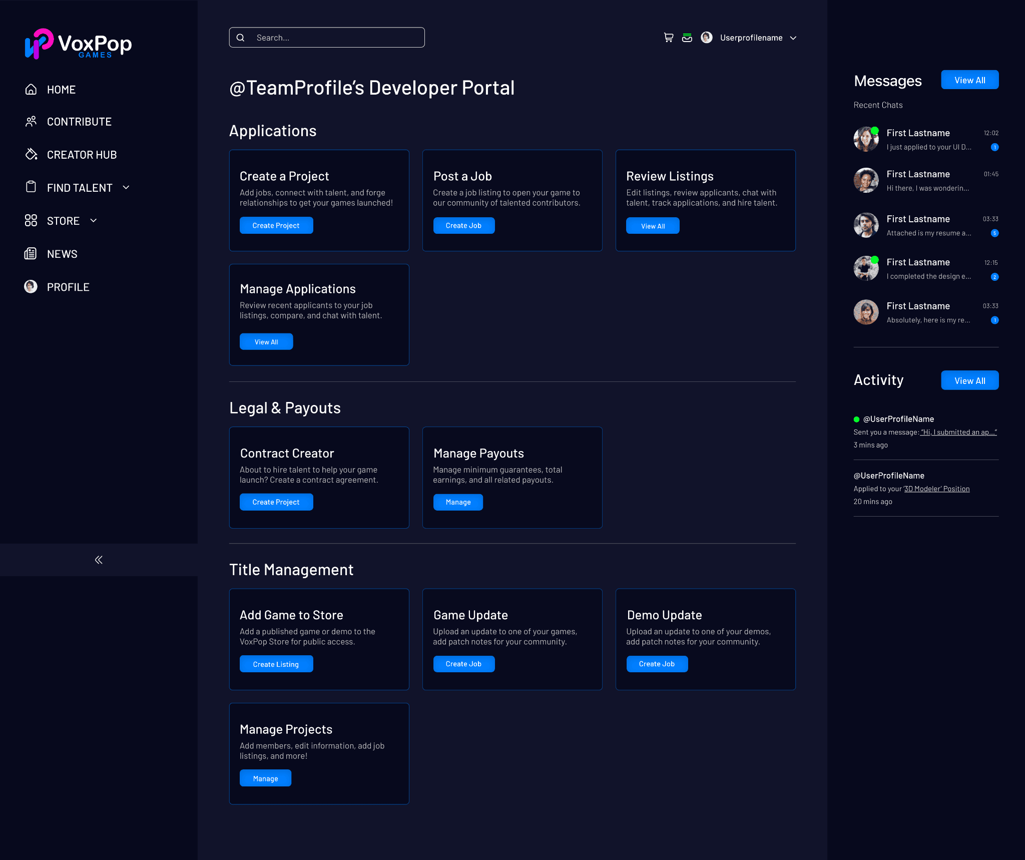 Internal developer portal for managing projects, jobs, and payouts