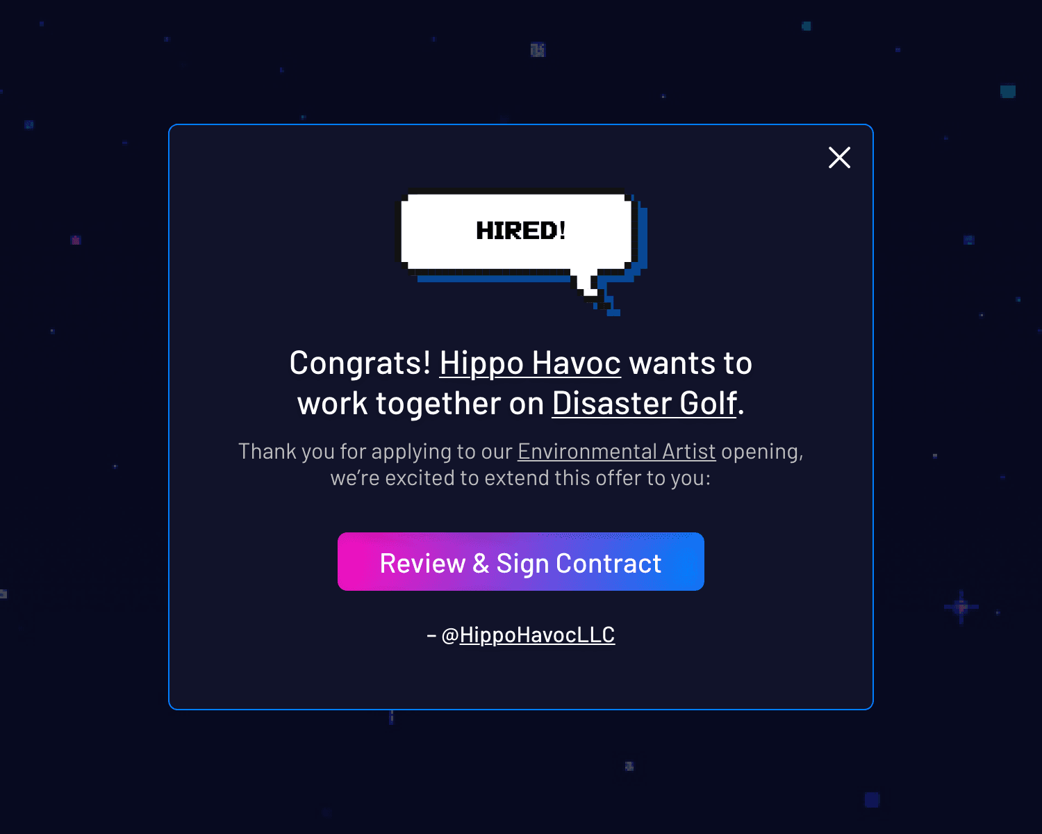 You're Hired! pixel-art confirmation modal routing to contract signing
