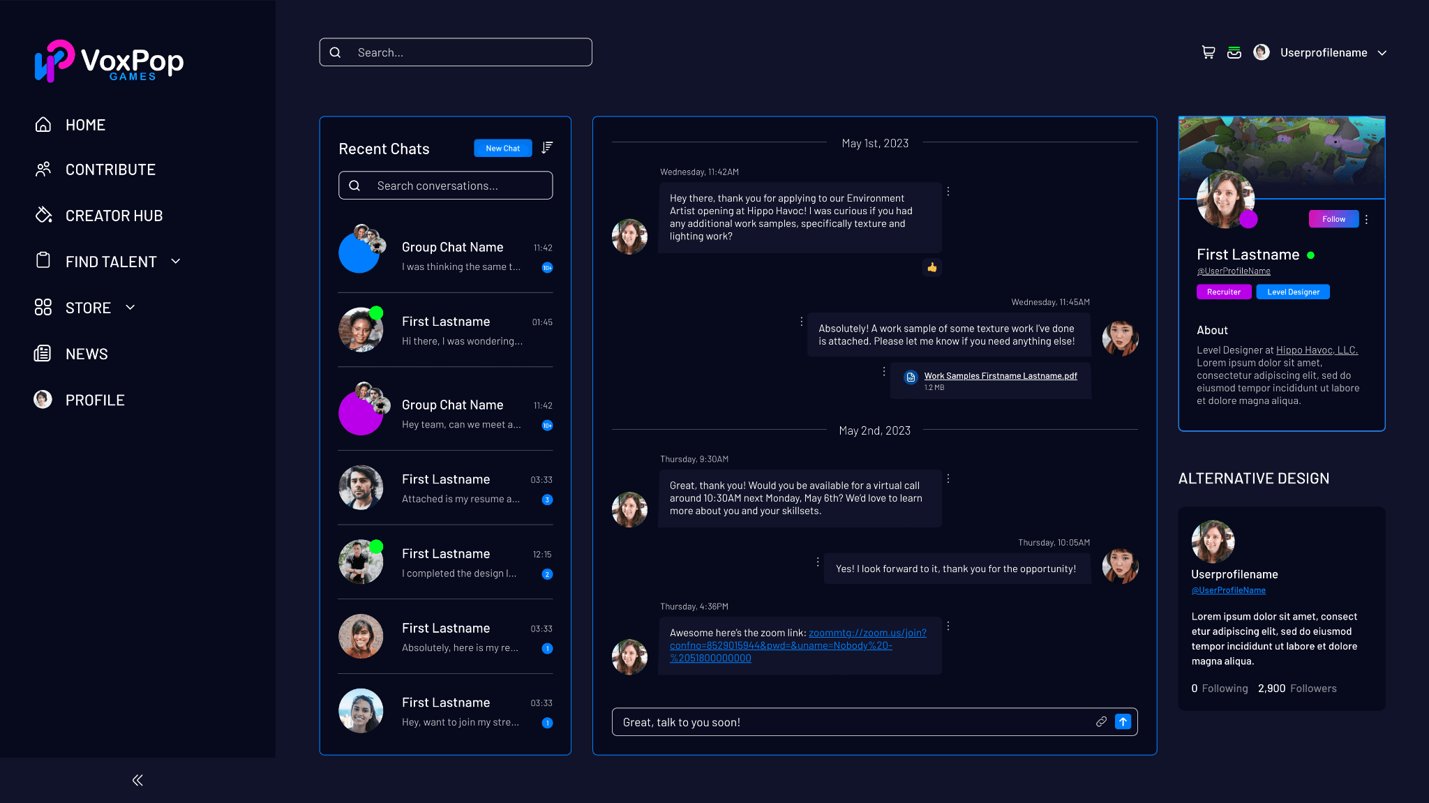 Direct messaging interface between a contributor and a studio