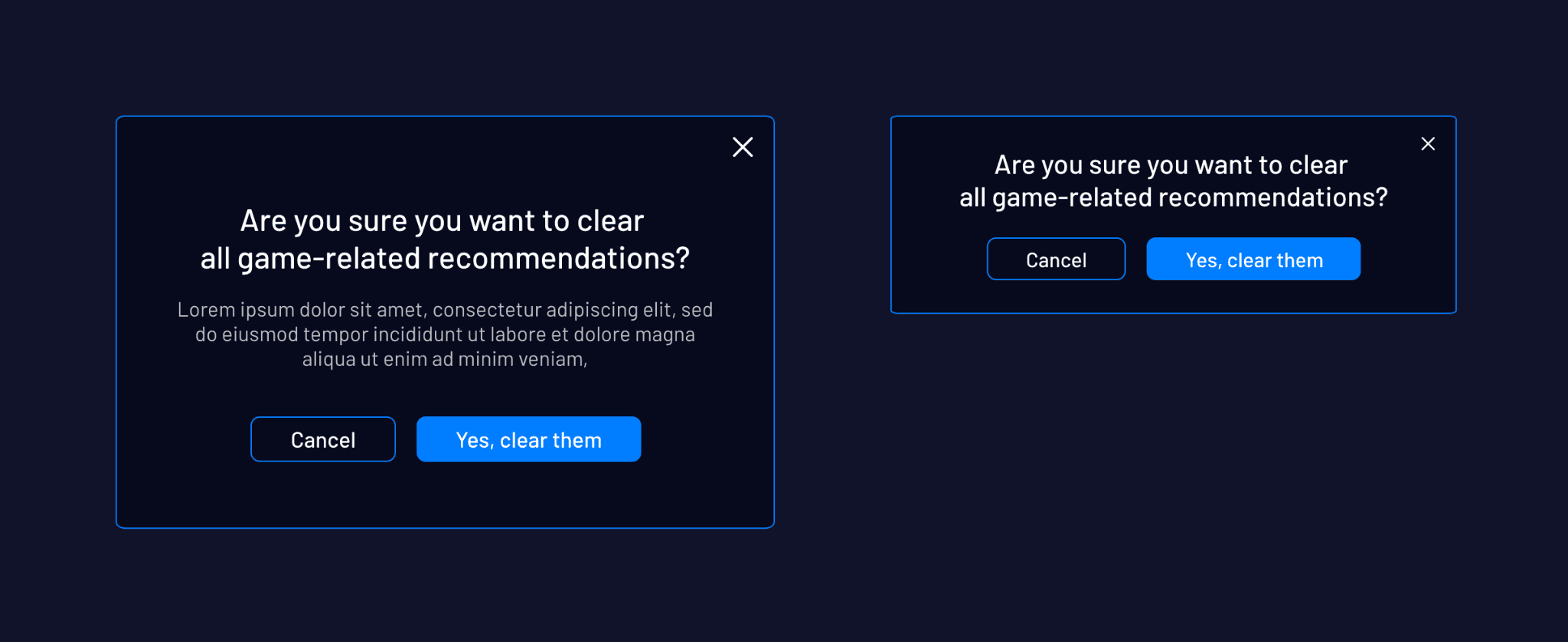Confirmation dialog component shown in two states
