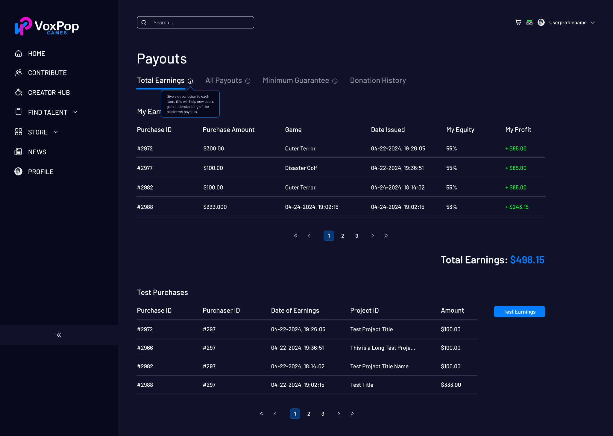 Payouts dashboard with a transaction table and total earnings