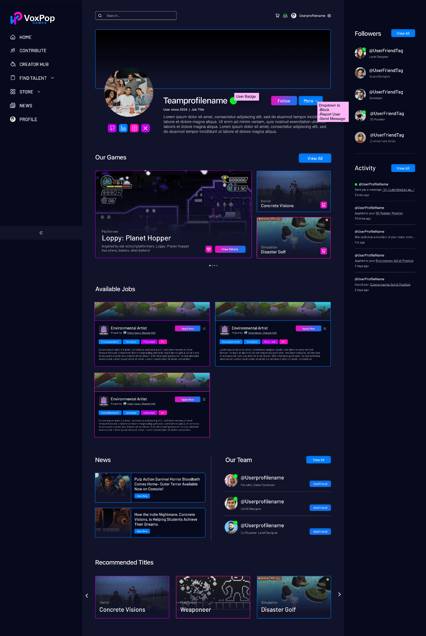 Profile view with relationship-based follow and message controls