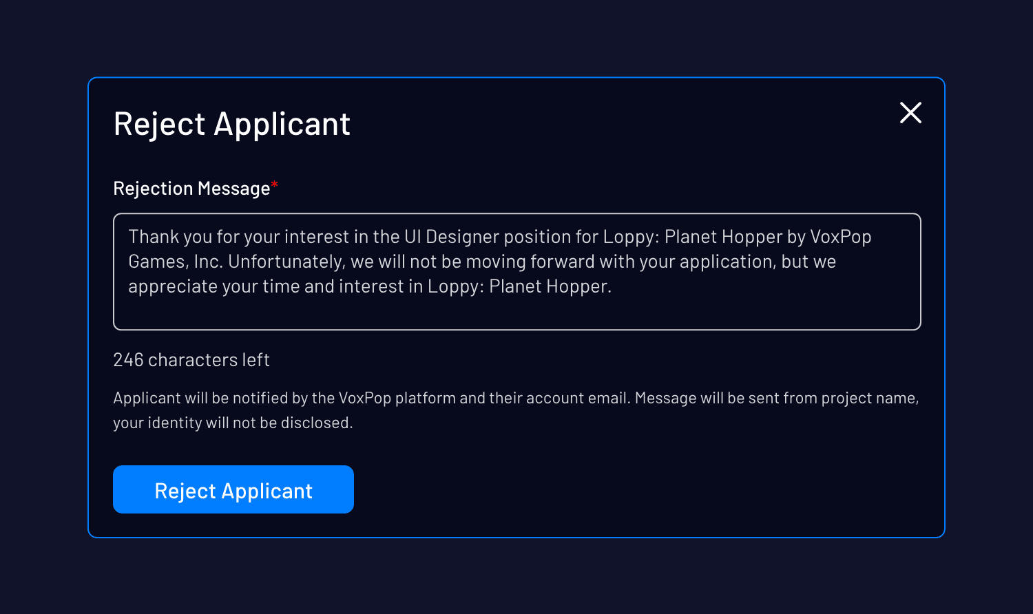 Reject applicant modal with an editable rejection message