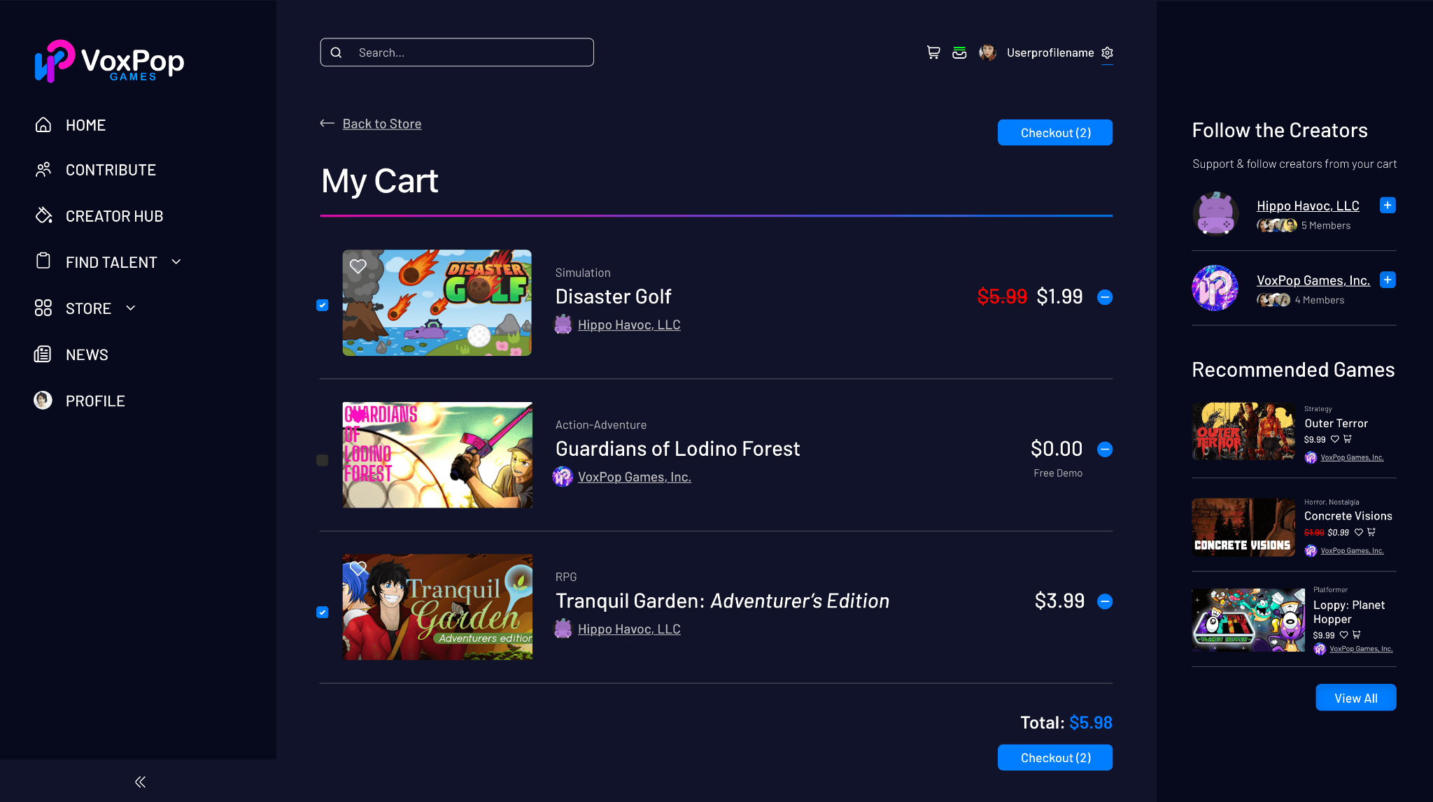 Cart page with a Follow the Creators sidebar