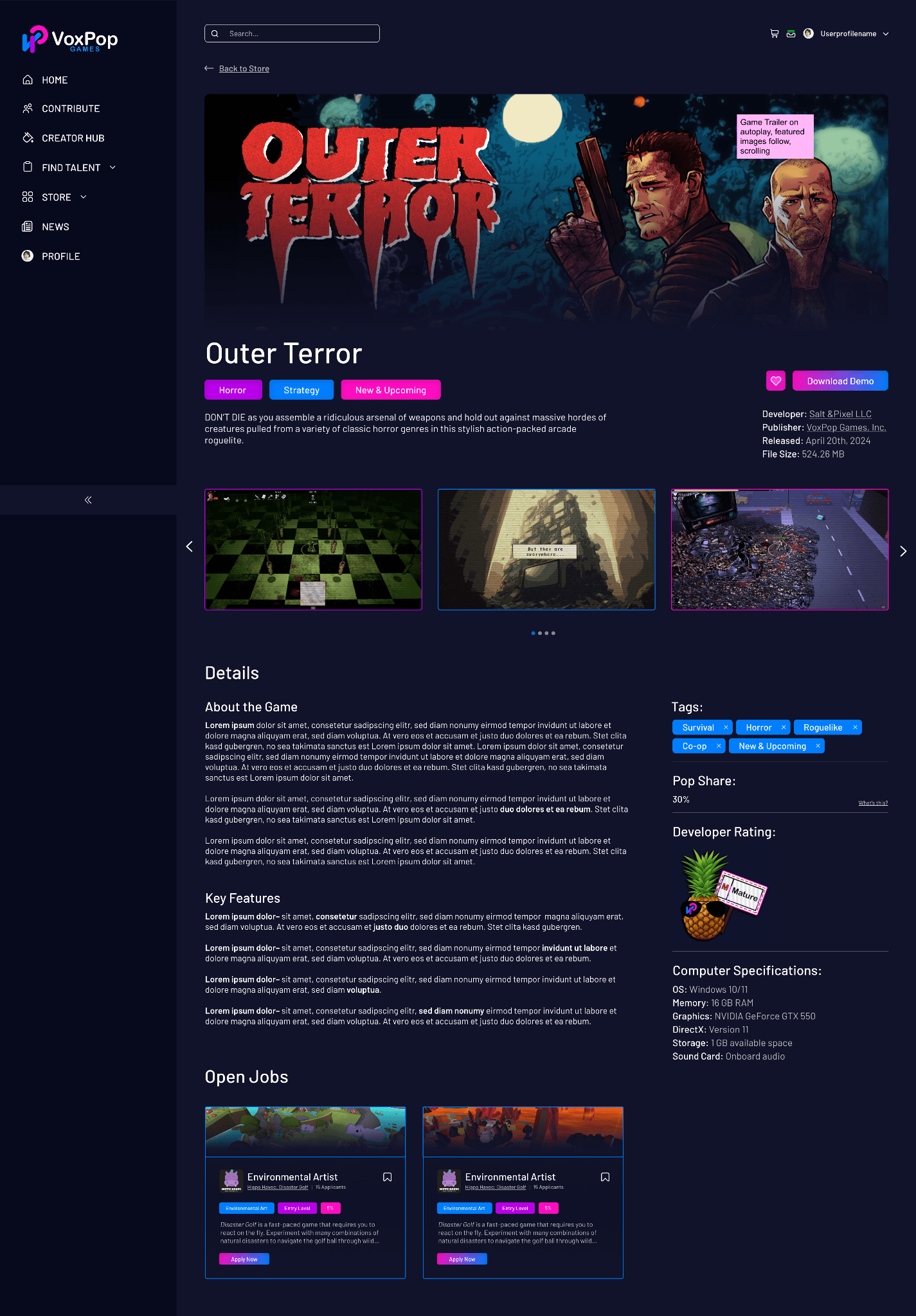 Game detail page for Outer Terror with screenshots, tags, and open jobs