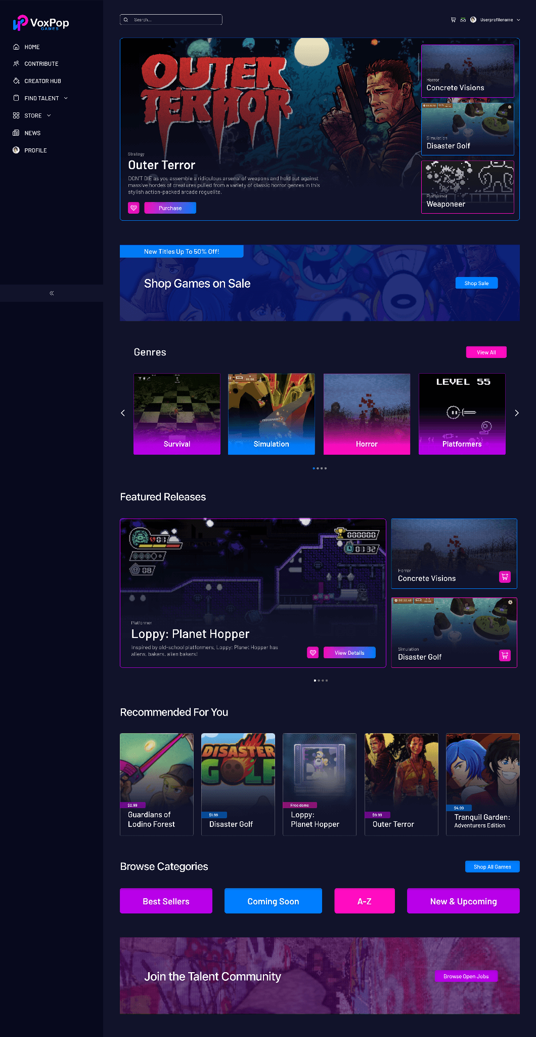 Store homepage with genre carousel, featured releases, and recommendations