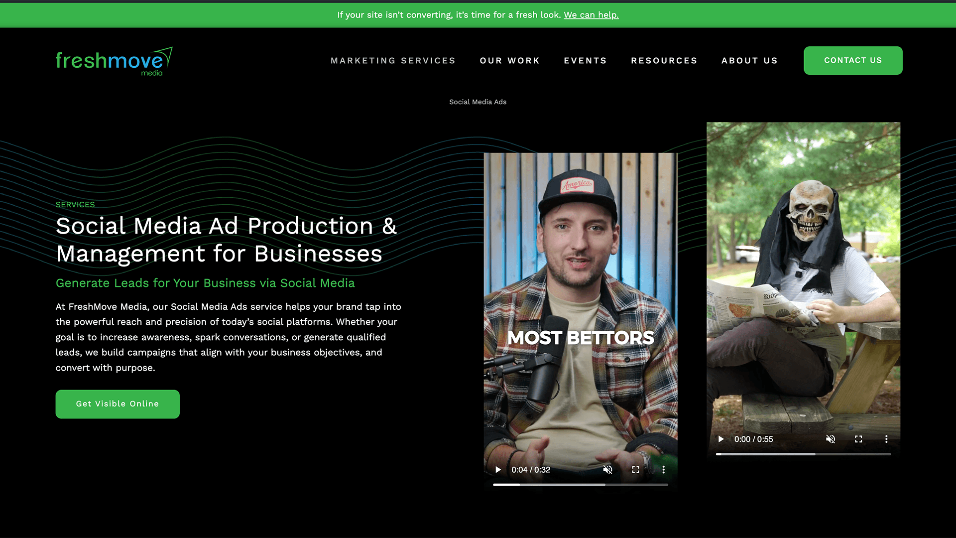 Purposeful motion and video used throughout FreshMove Media service pages