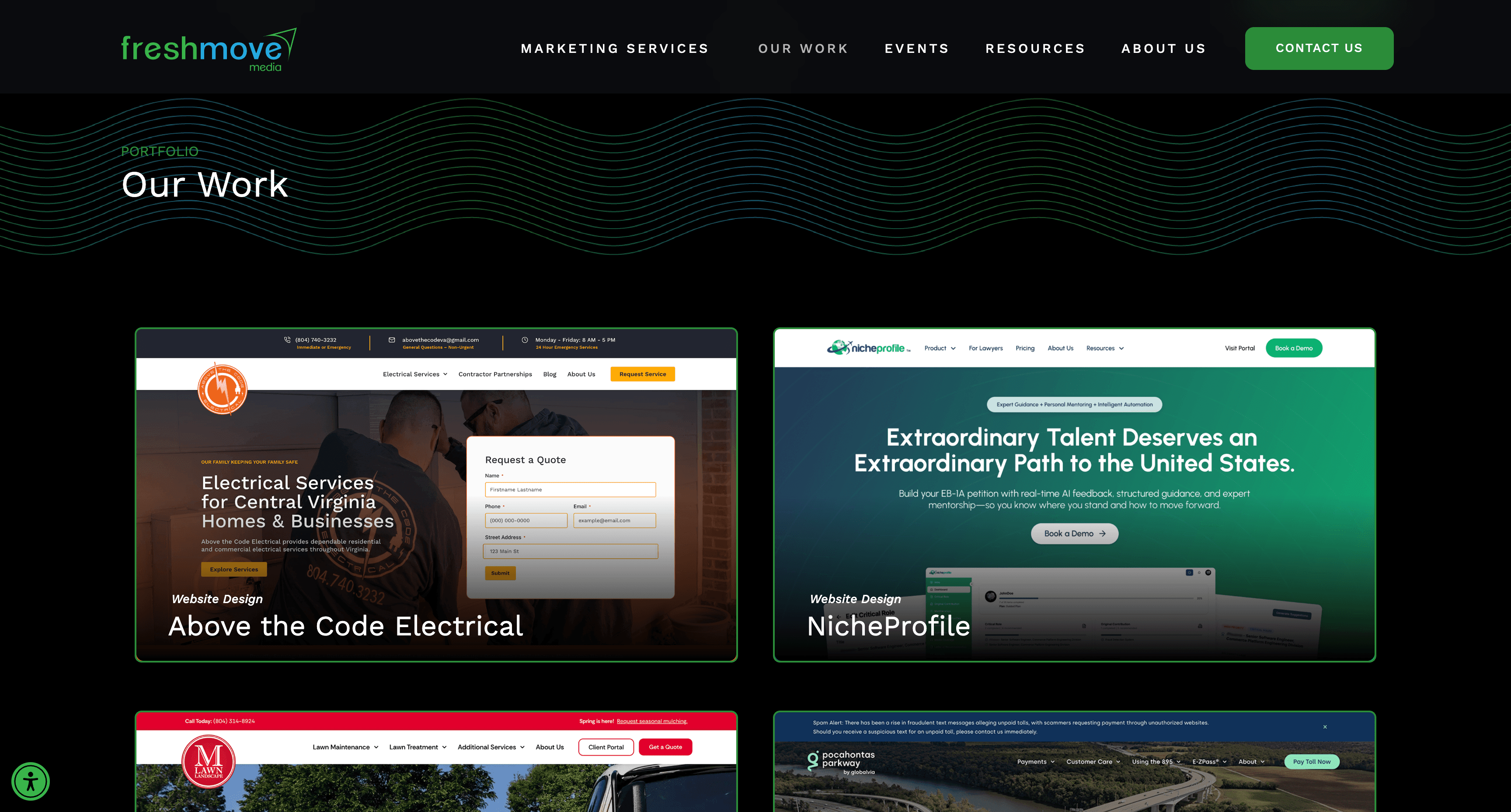 FreshMove Media portfolio page with a masonry-style case study gallery