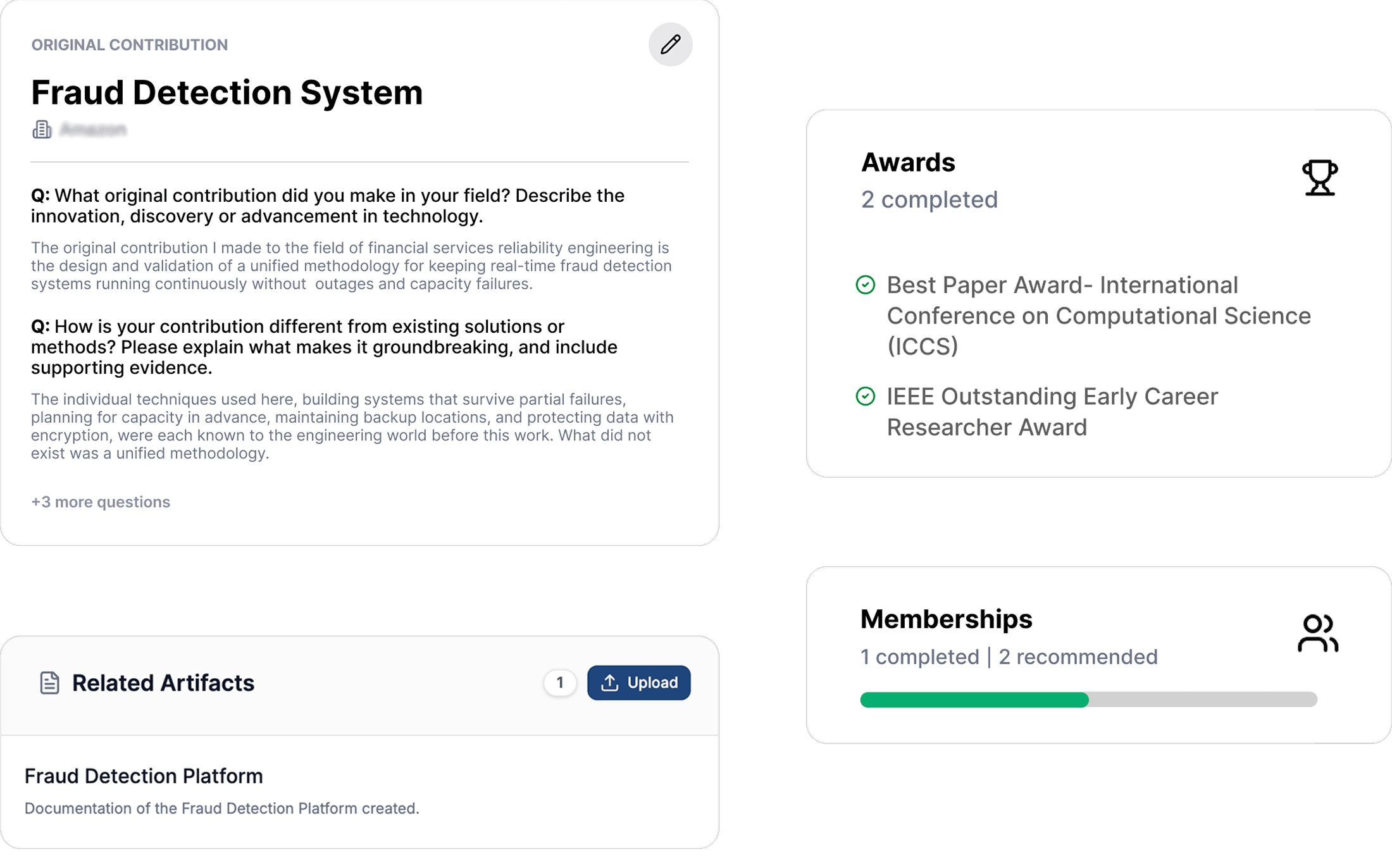 Fraud Detection System original contribution, with Awards and Memberships progress tracking