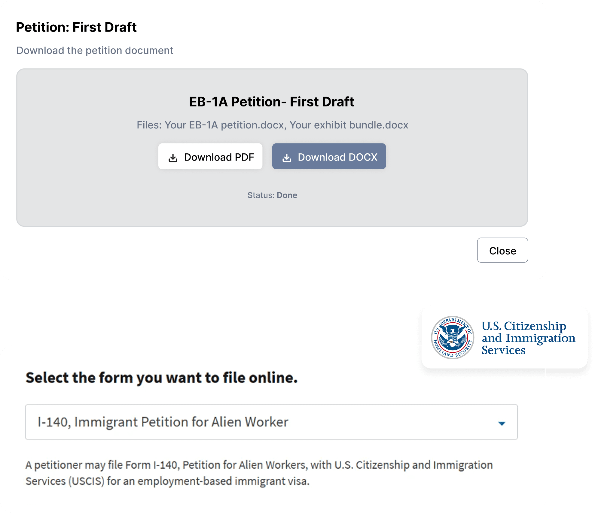 Petition first draft download and USCIS form filing selection