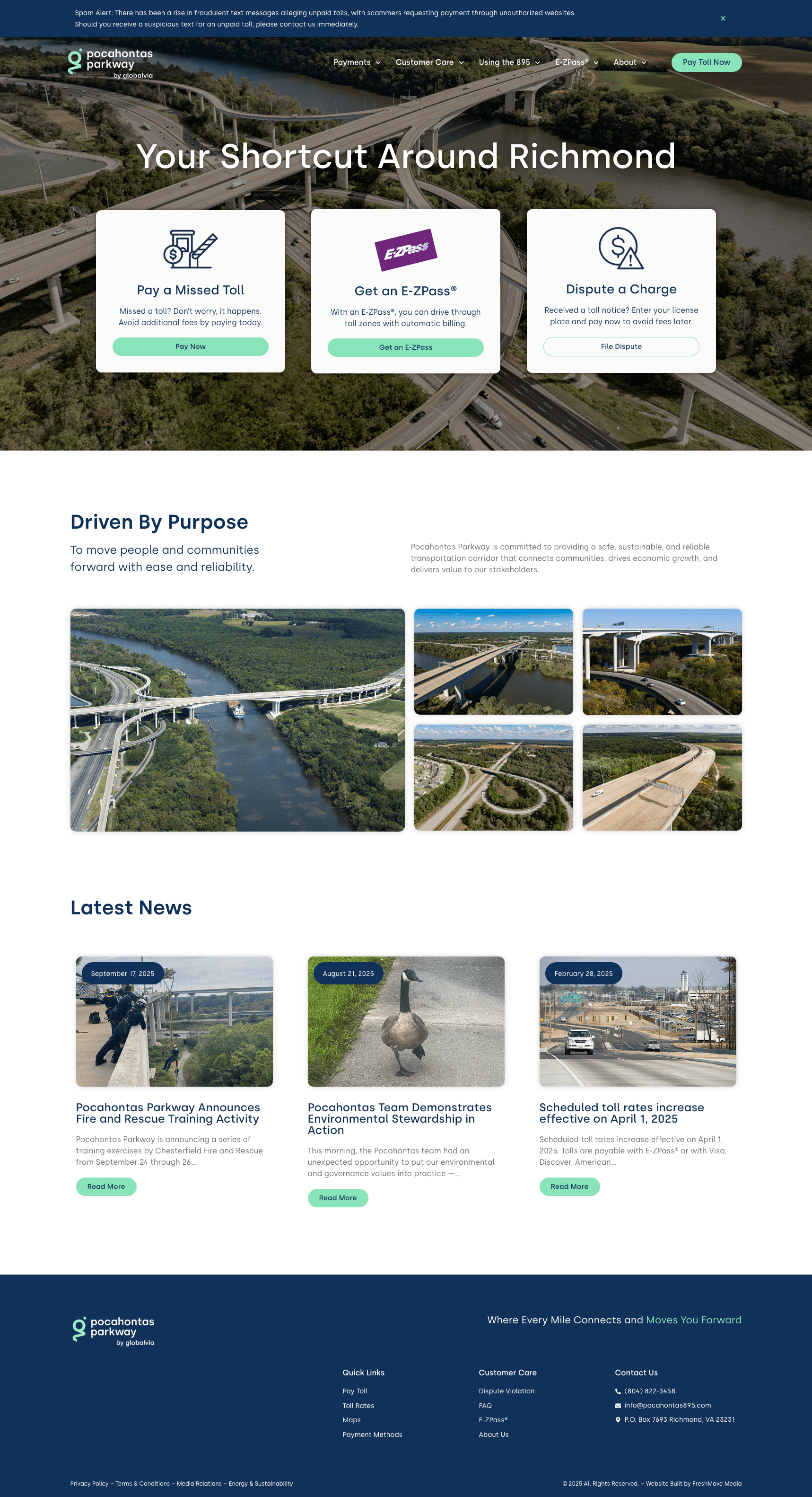 After: the redesigned homepage leading with three scannable tasks — Pay a Missed Toll, Get an E-ZPass, Dispute a Charge