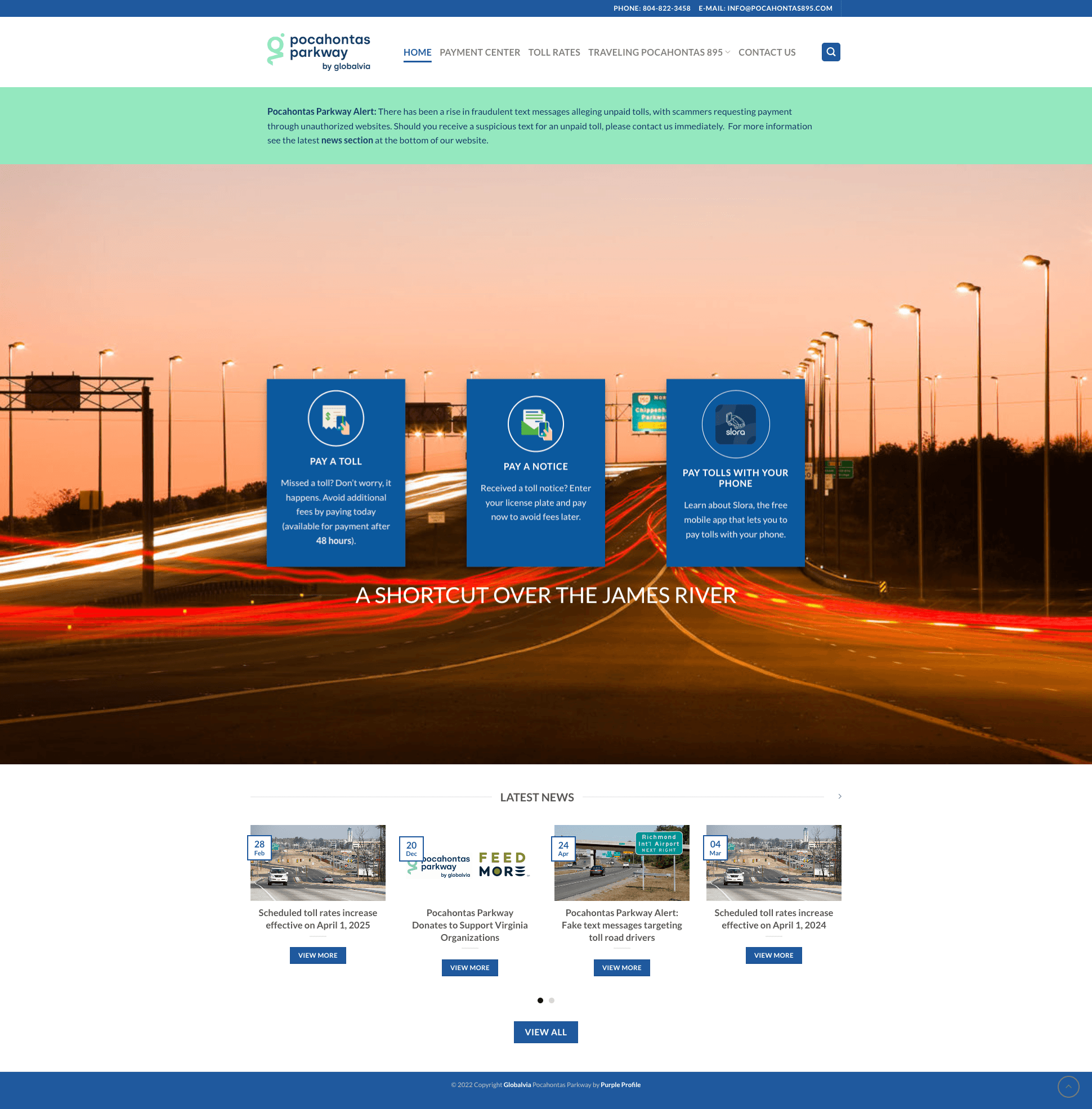Before: the old Pocahontas Parkway homepage with a single dark hero and stacked payment options