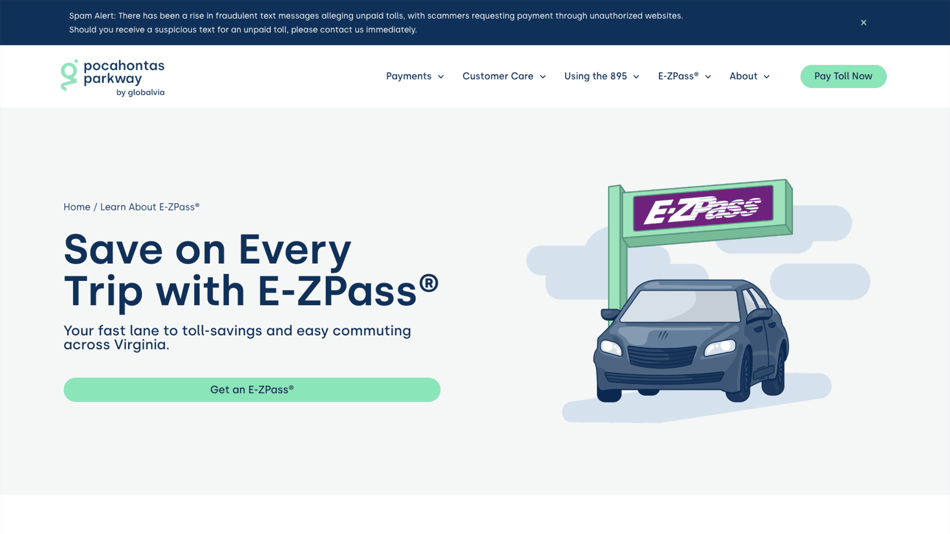 Save on Every Trip with E-ZPass — redesigned page presenting E-ZPass within Pocahontas Parkway's own branding