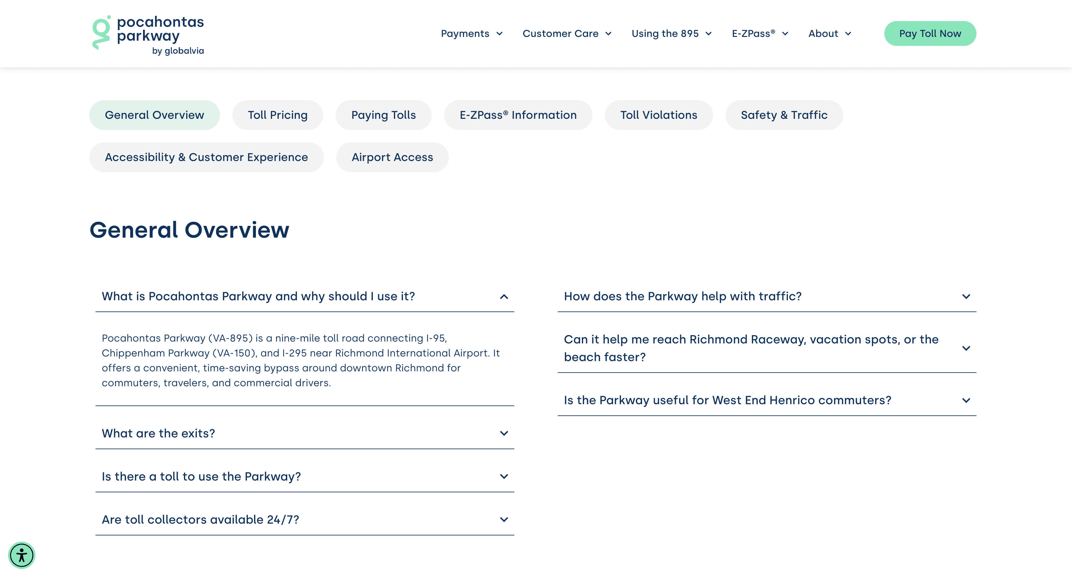 Restructured FAQ page with category pills and a General Overview accordion section