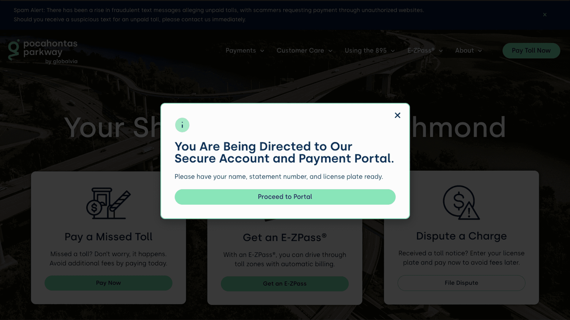 You Are Being Directed to Our Secure Account and Payment Portal — confirmation modal before leaving the site