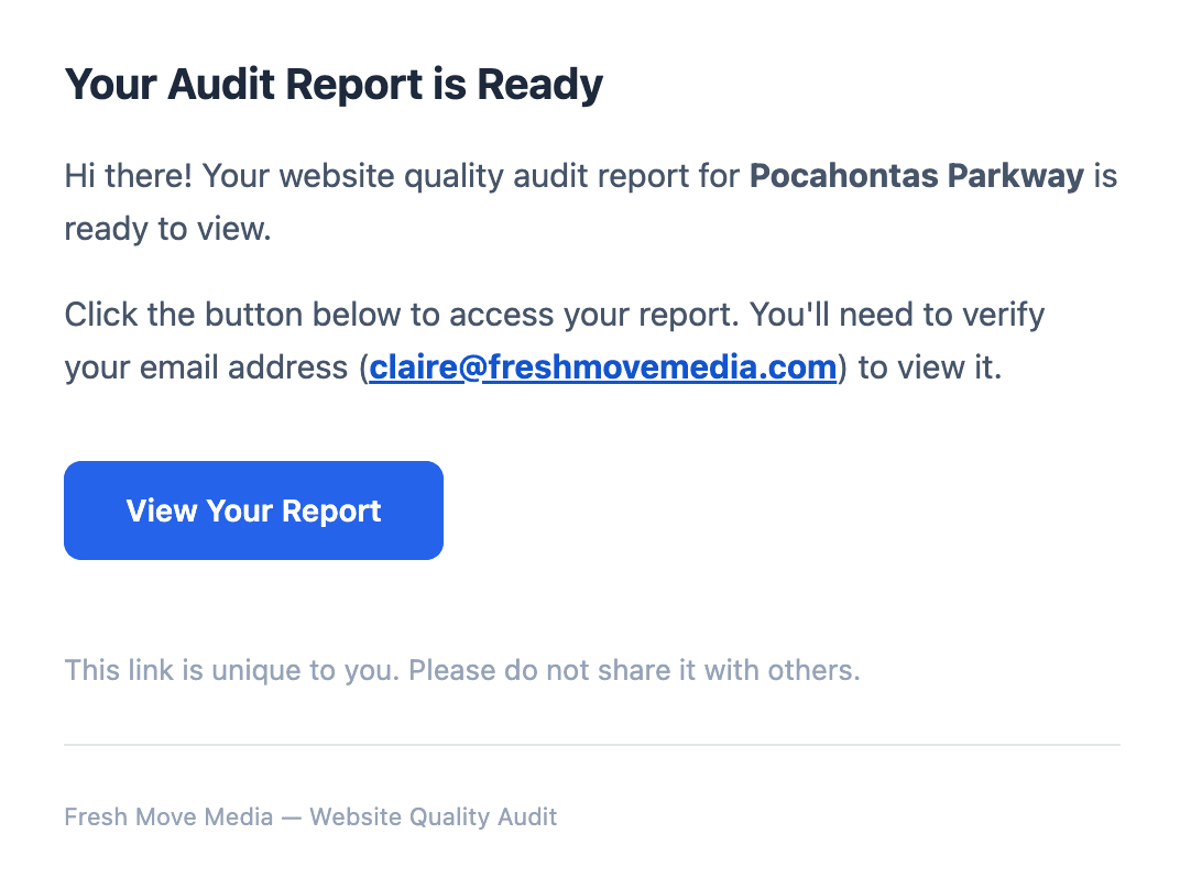 Your Audit Report is Ready — email notification sent to clients when their audit is finalized