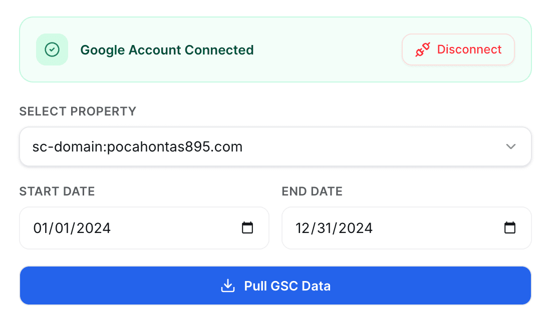 Google Search Console account connected, with property and date range selection