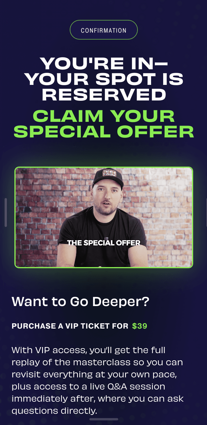 Confirmation page with VIP upsell offer and embedded video