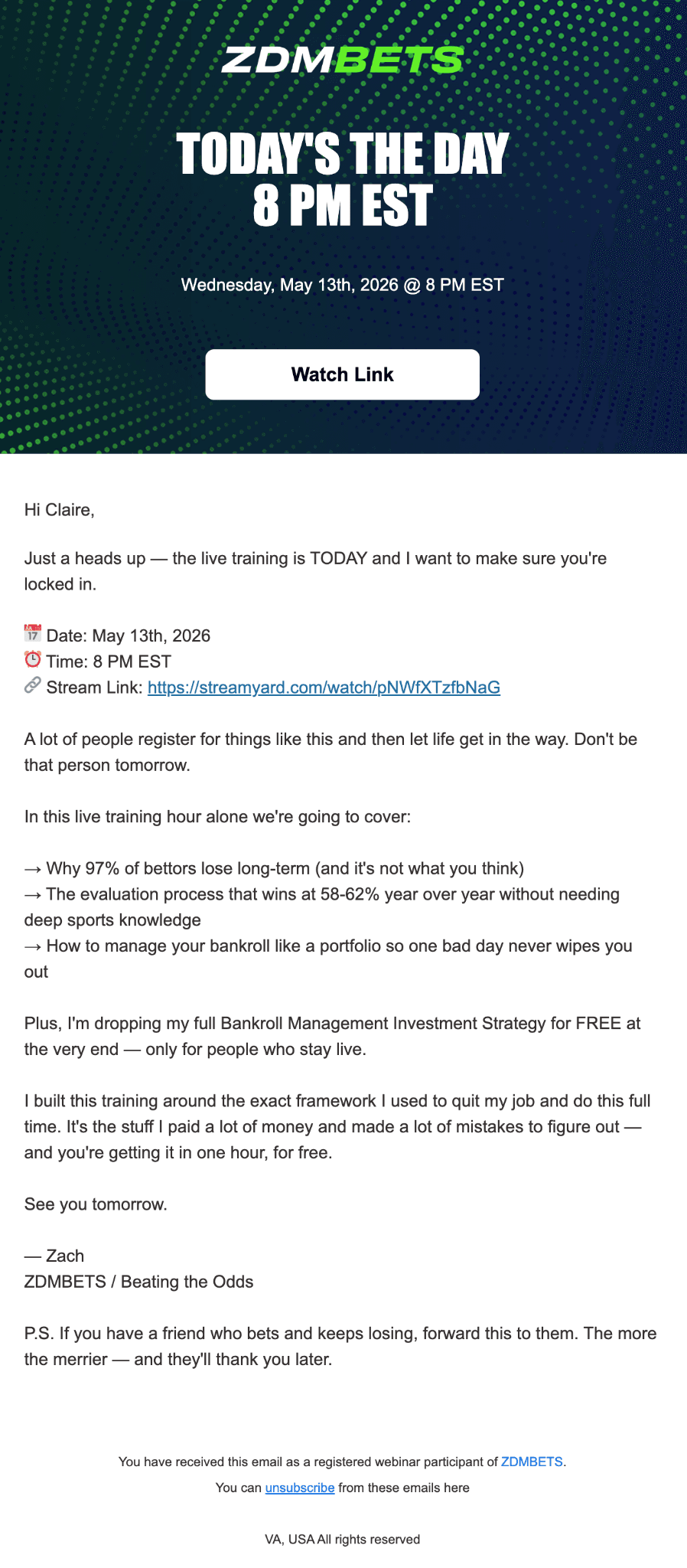 Today's the Day email sent the morning of the webinar