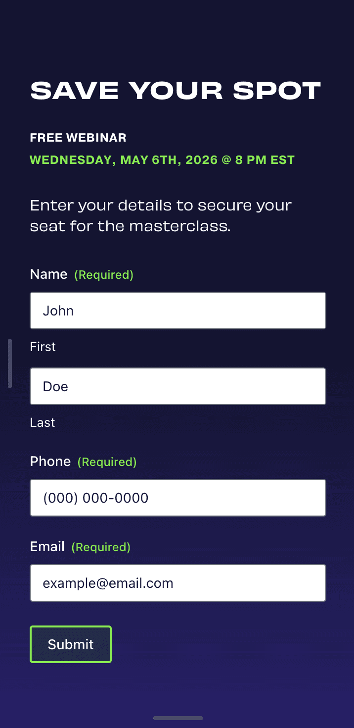 Save Your Spot mobile registration form