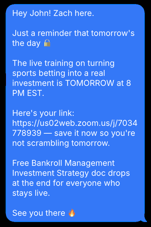 SMS reminder sent 24 hours before the webinar